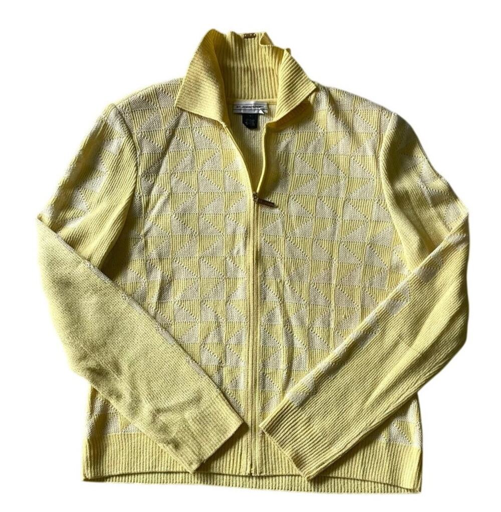Vintage St. John Sport Full Zip Knit Cardigan Yellow Geometric Size Small Womens